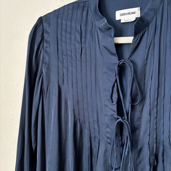 Zadig & Voltaire Raika Satin Tie Neck Navy Long Bell Sleeve Dress - Picture 9 of 13